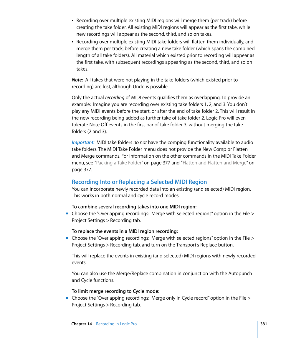 Recording into or replacing a selected midi region | Apple Logic Pro 8 User Manual | Page 381 / 1030