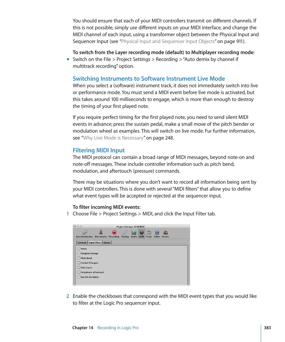 Filtering midi input | Apple Logic Pro 8 User Manual | Page 383 / 1030