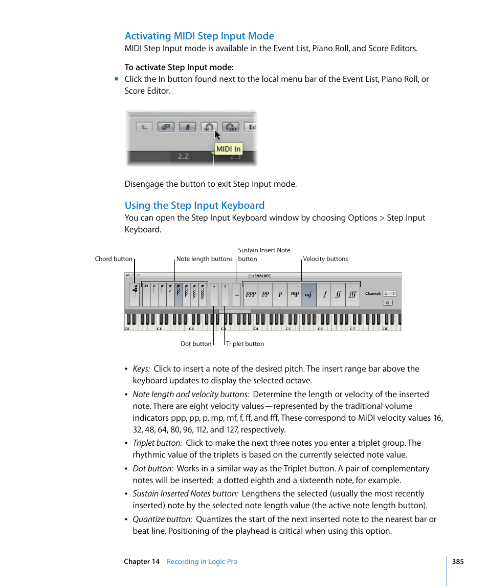 Activating midi step input mode, Using the step input keyboard | Apple Logic Pro 8 User Manual | Page 385 / 1030