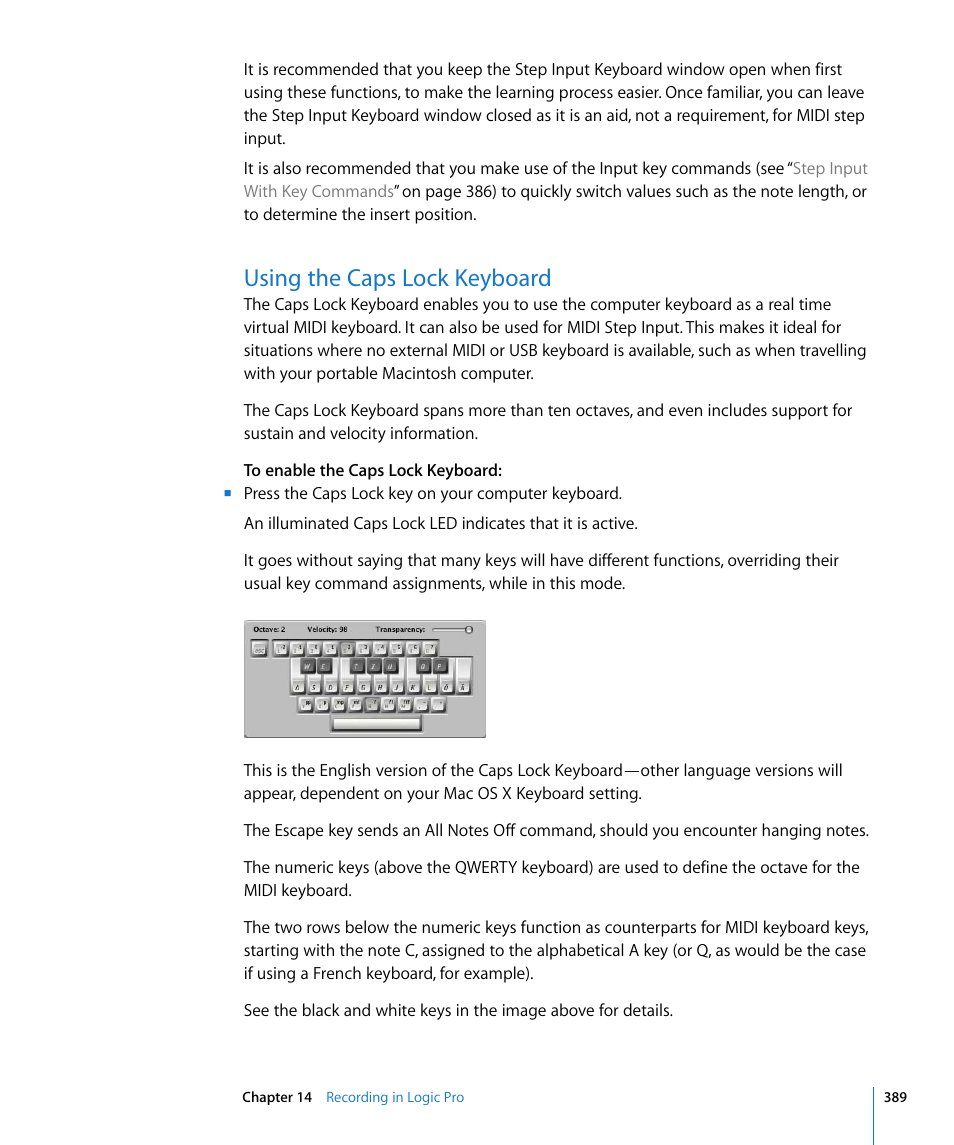 Using the caps lock keyboard | Apple Logic Pro 8 User Manual | Page 389 / 1030