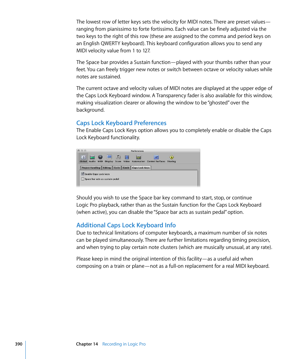Caps lock keyboard preferences, Additional caps lock keyboard info | Apple Logic Pro 8 User Manual | Page 390 / 1030