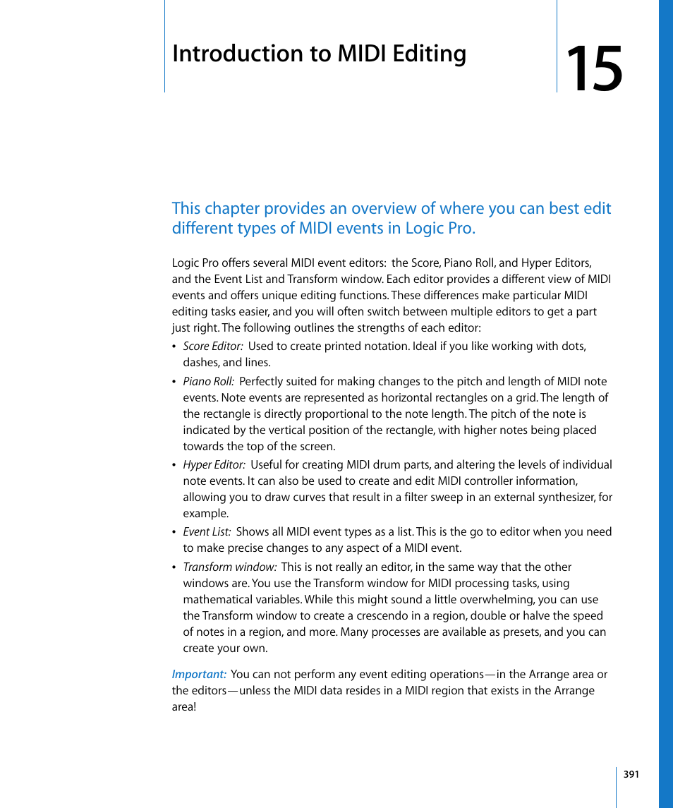 Introduction to midi editing, Chapter 15 | Apple Logic Pro 8 User Manual | Page 391 / 1030