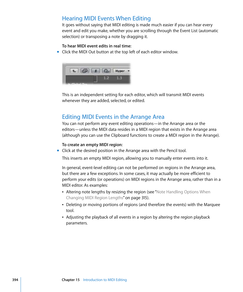 Hearing midi events when editing, Editing midi events in the arrange area | Apple Logic Pro 8 User Manual | Page 394 / 1030