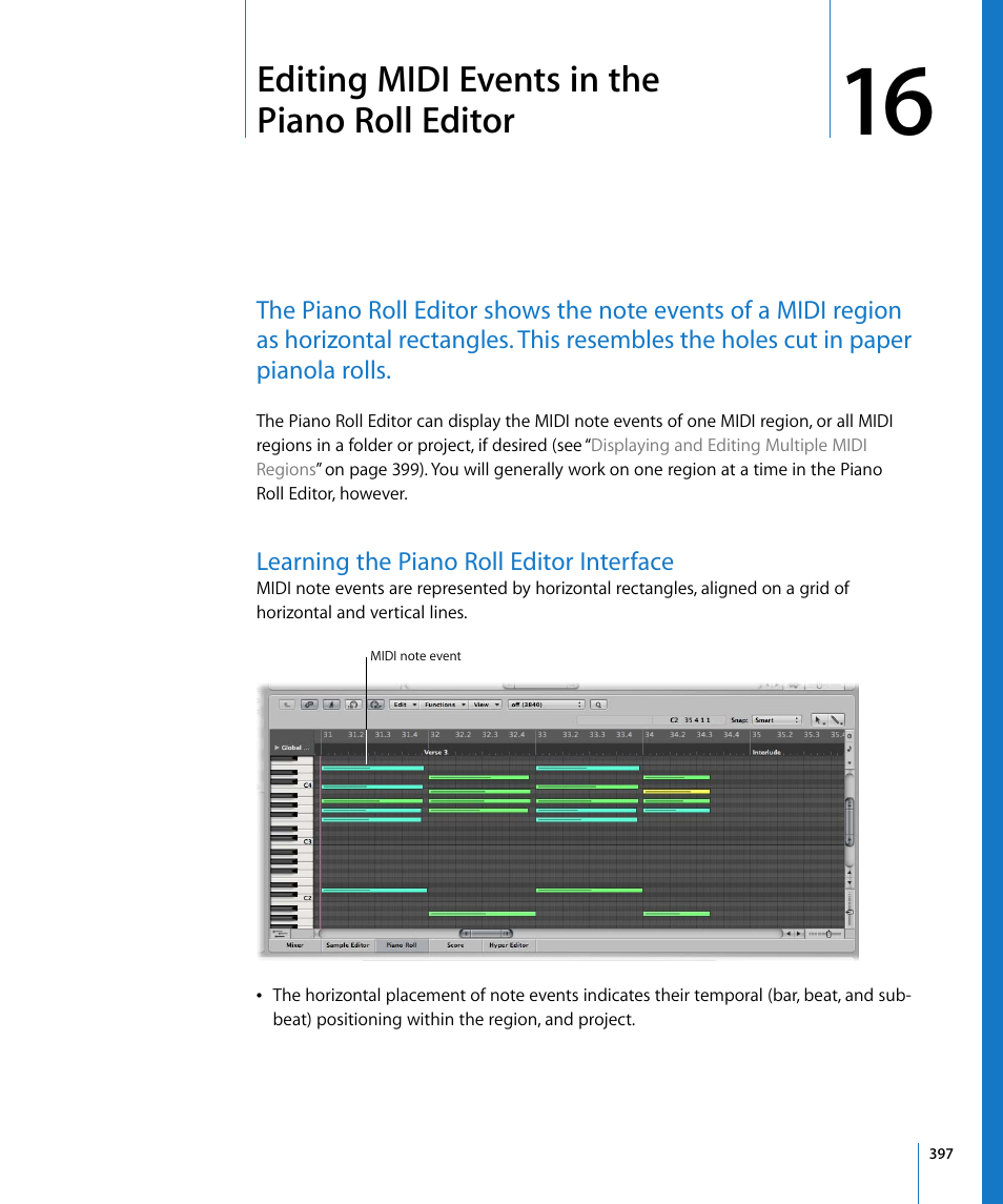 Editing midi events in the piano roll editor, Learning the piano roll editor interface, Chapter 16 | Ound in chapter 16 | Apple Logic Pro 8 User Manual | Page 397 / 1030