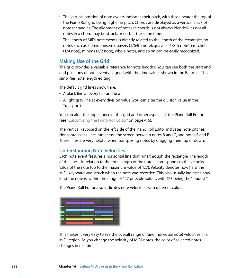 Making use of the grid, Understanding note velocities | Apple Logic Pro 8 User Manual | Page 398 / 1030