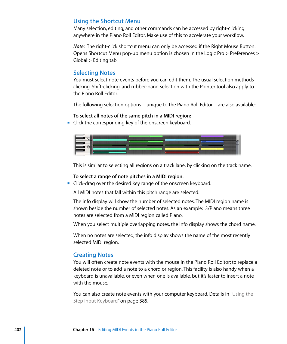 Using the shortcut menu, Selecting notes, Creating notes | Apple Logic Pro 8 User Manual | Page 402 / 1030