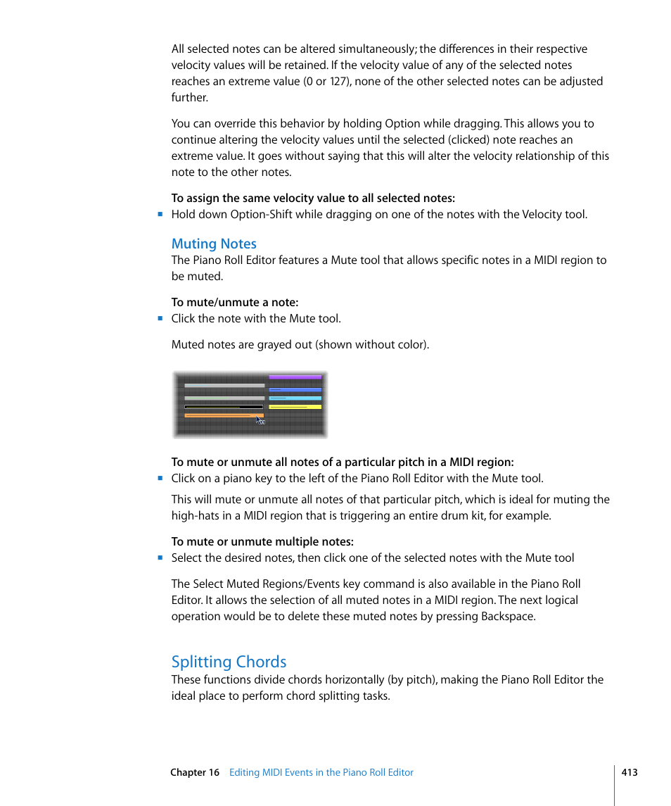 Muting notes, Splitting chords | Apple Logic Pro 8 User Manual | Page 413 / 1030