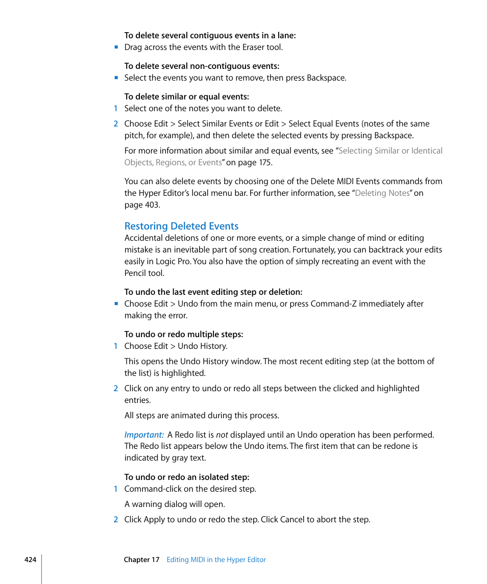 Restoring deleted events | Apple Logic Pro 8 User Manual | Page 424 / 1030