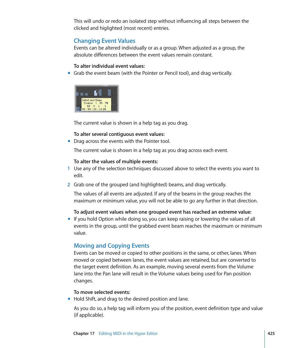 Changing event values, Moving and copying events | Apple Logic Pro 8 User Manual | Page 425 / 1030
