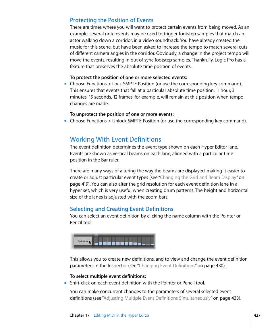 Protecting the position of events, Working with event definitions, Selecting and creating event definitions | Apple Logic Pro 8 User Manual | Page 427 / 1030