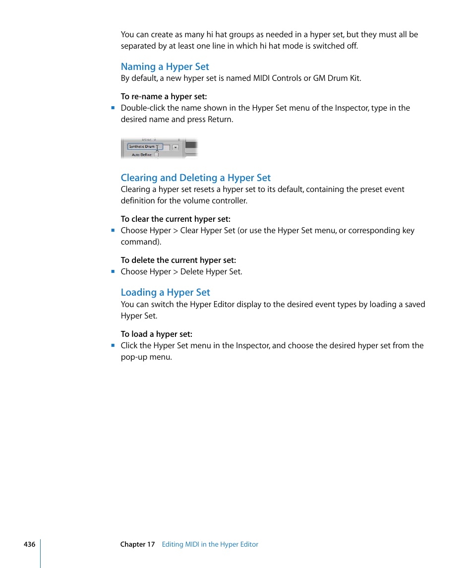 Naming a hyper set, Clearing and deleting a hyper set, Loading a hyper set | Apple Logic Pro 8 User Manual | Page 436 / 1030