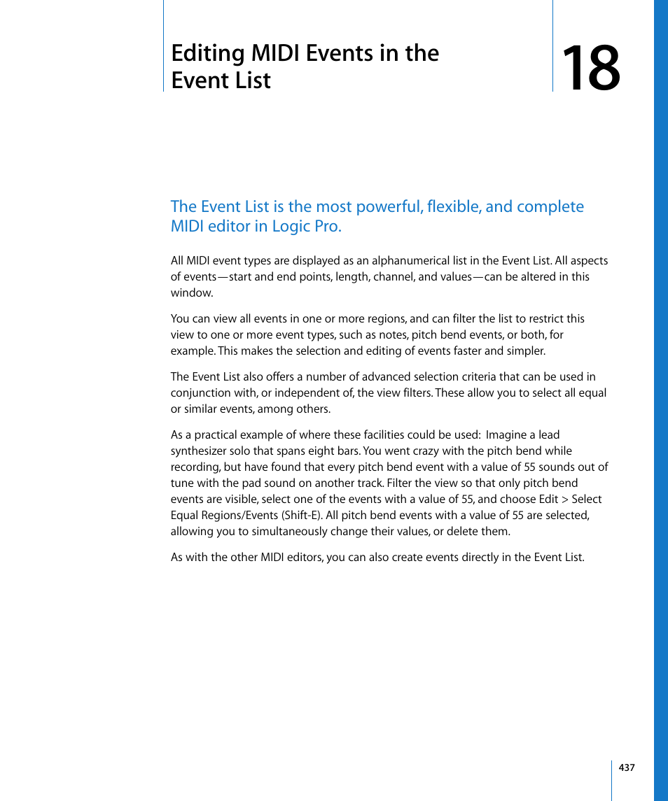 Editing midi events in the event list, Chapter 18 | Apple Logic Pro 8 User Manual | Page 437 / 1030