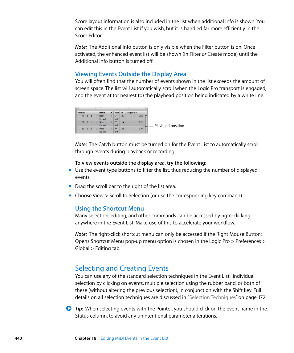 Viewing events outside the display area, Using the shortcut menu, Selecting and creating events | Apple Logic Pro 8 User Manual | Page 440 / 1030