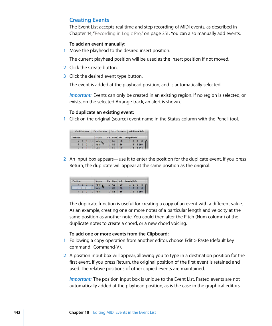 Creating events | Apple Logic Pro 8 User Manual | Page 442 / 1030