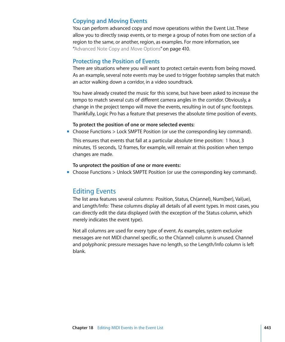 Copying and moving events, Protecting the position of events, Editing events | Apple Logic Pro 8 User Manual | Page 443 / 1030