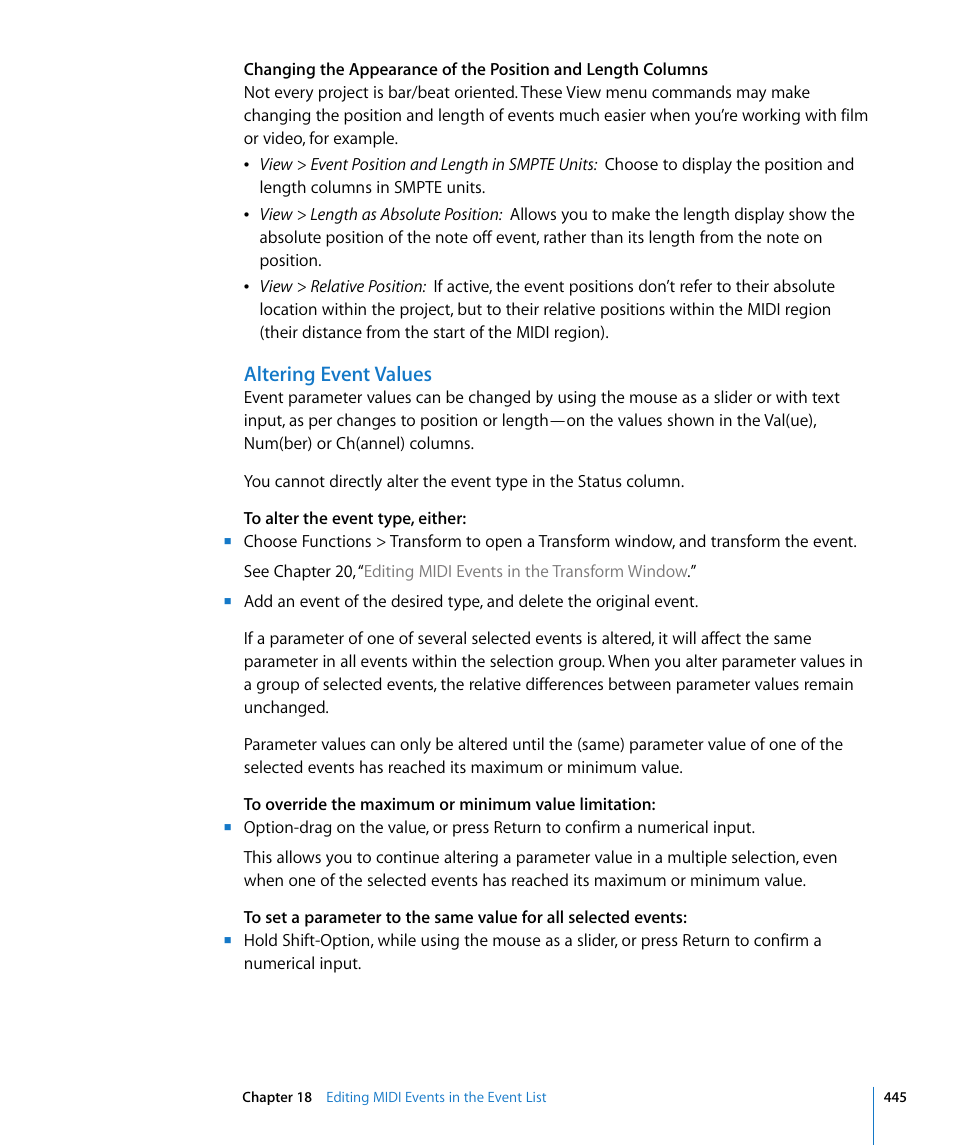 Altering event values | Apple Logic Pro 8 User Manual | Page 445 / 1030