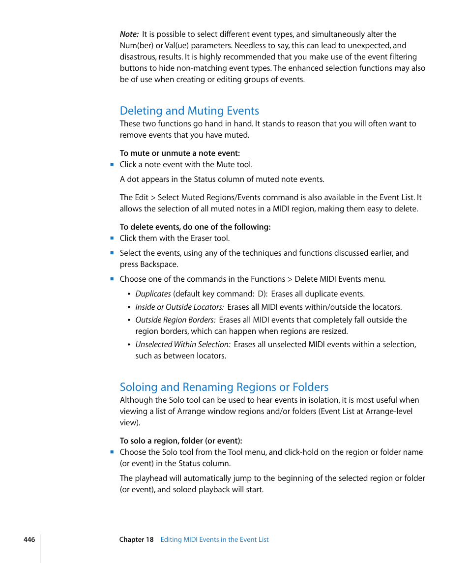 Deleting and muting events, Soloing and renaming regions or folders | Apple Logic Pro 8 User Manual | Page 446 / 1030
