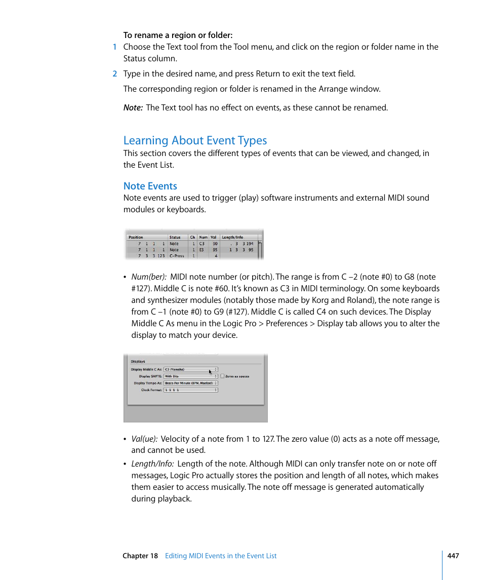 Learning about event types, Note events, Ound in | Learning, About event types | Apple Logic Pro 8 User Manual | Page 447 / 1030
