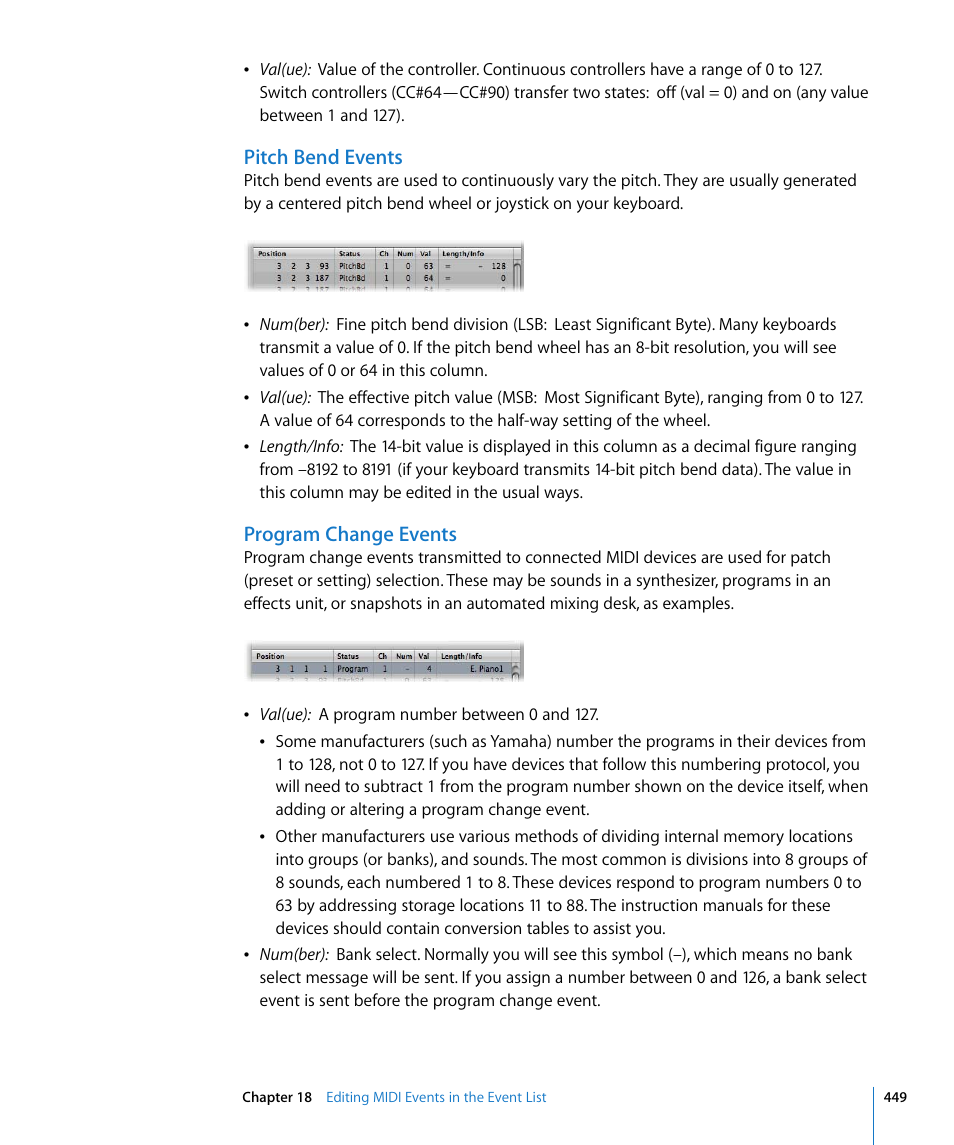 Pitch bend events, Program change events | Apple Logic Pro 8 User Manual | Page 449 / 1030