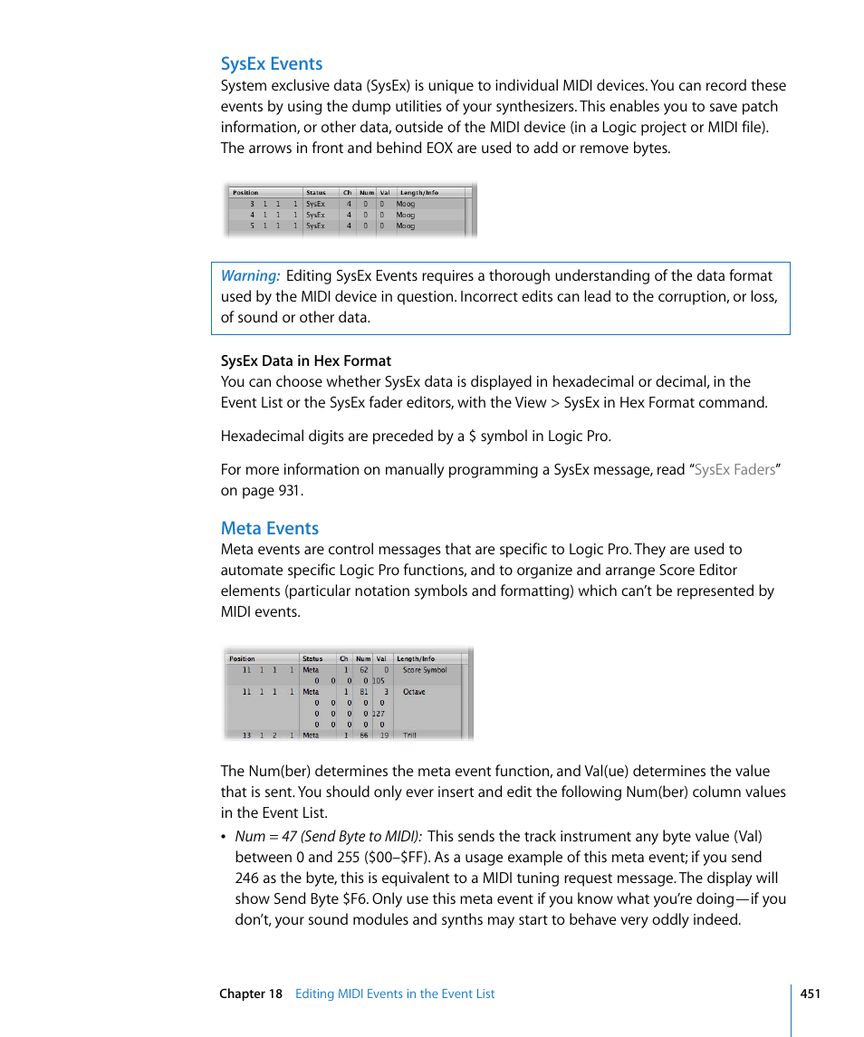 Sysex events, Meta events | Apple Logic Pro 8 User Manual | Page 451 / 1030