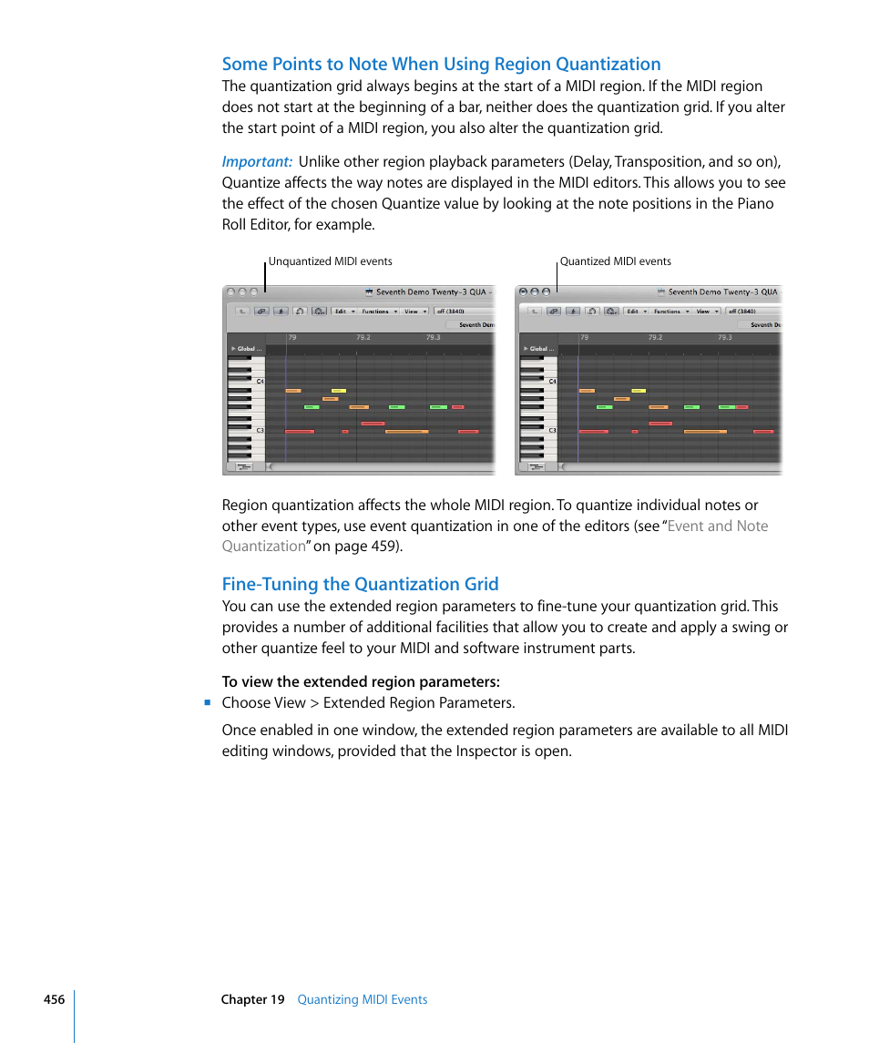 Some points to note when using region quantization, Fine-tuning the quantization grid, Alue (see | Fine-tuning the, Quantization grid | Apple Logic Pro 8 User Manual | Page 456 / 1030