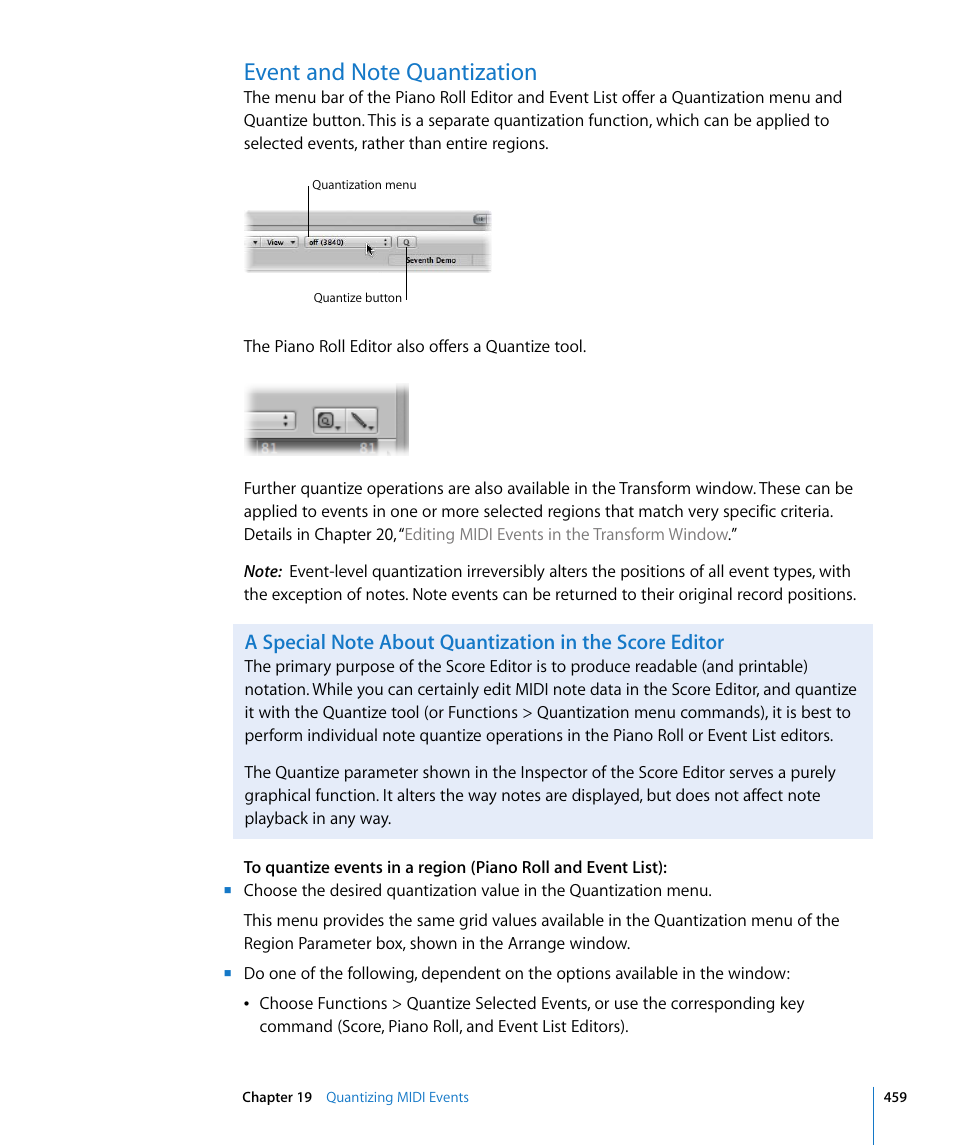 Event and note quantization, Ws (see, Ors (see | Event and note, Quantization | Apple Logic Pro 8 User Manual | Page 459 / 1030