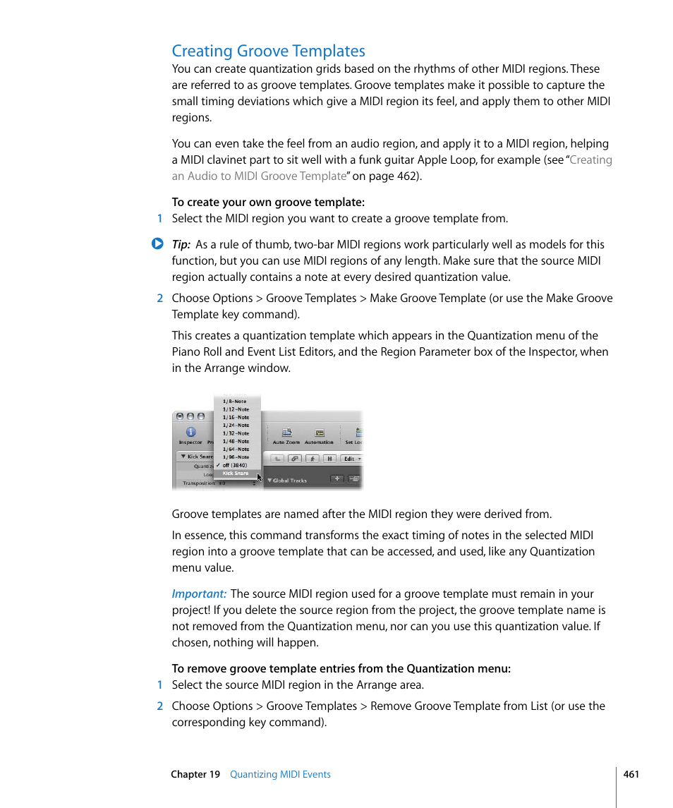 Creating groove templates | Apple Logic Pro 8 User Manual | Page 461 / 1030