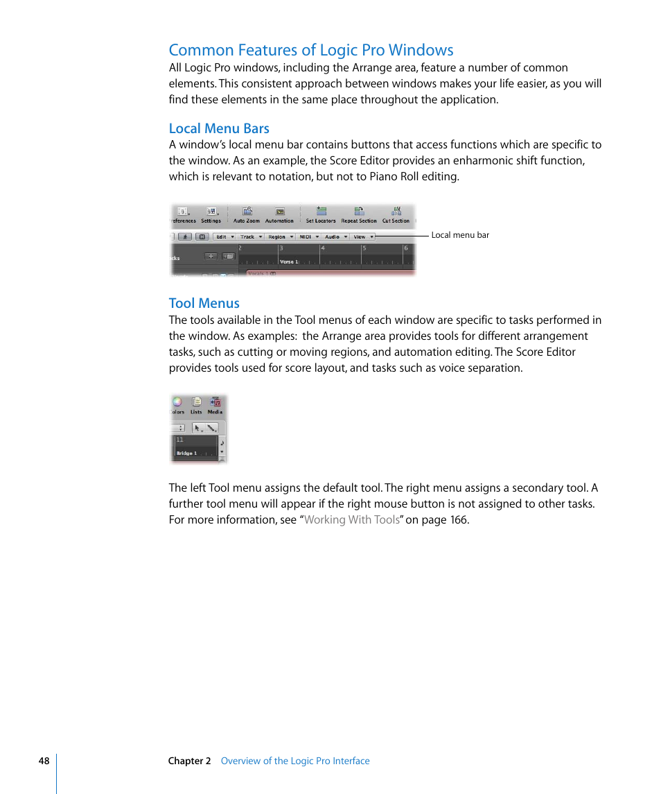 Common features of logic pro windows, Local menu bars, Tool menus | Apple Logic Pro 8 User Manual | Page 48 / 1030