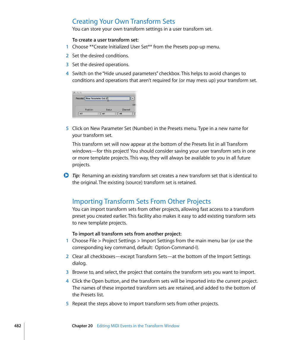 Creating your own transform sets, Importing transform sets from other projects | Apple Logic Pro 8 User Manual | Page 482 / 1030