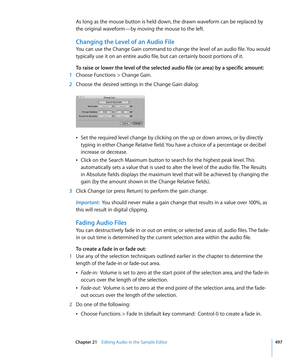Changing the level of an audio file, Fading audio files | Apple Logic Pro 8 User Manual | Page 497 / 1030