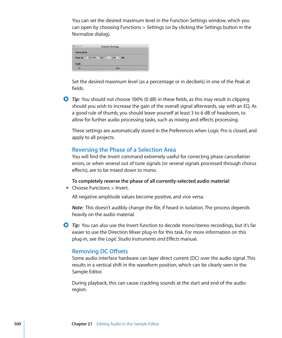 Reversing the phase of a selection area, Removing dc offsets | Apple Logic Pro 8 User Manual | Page 500 / 1030