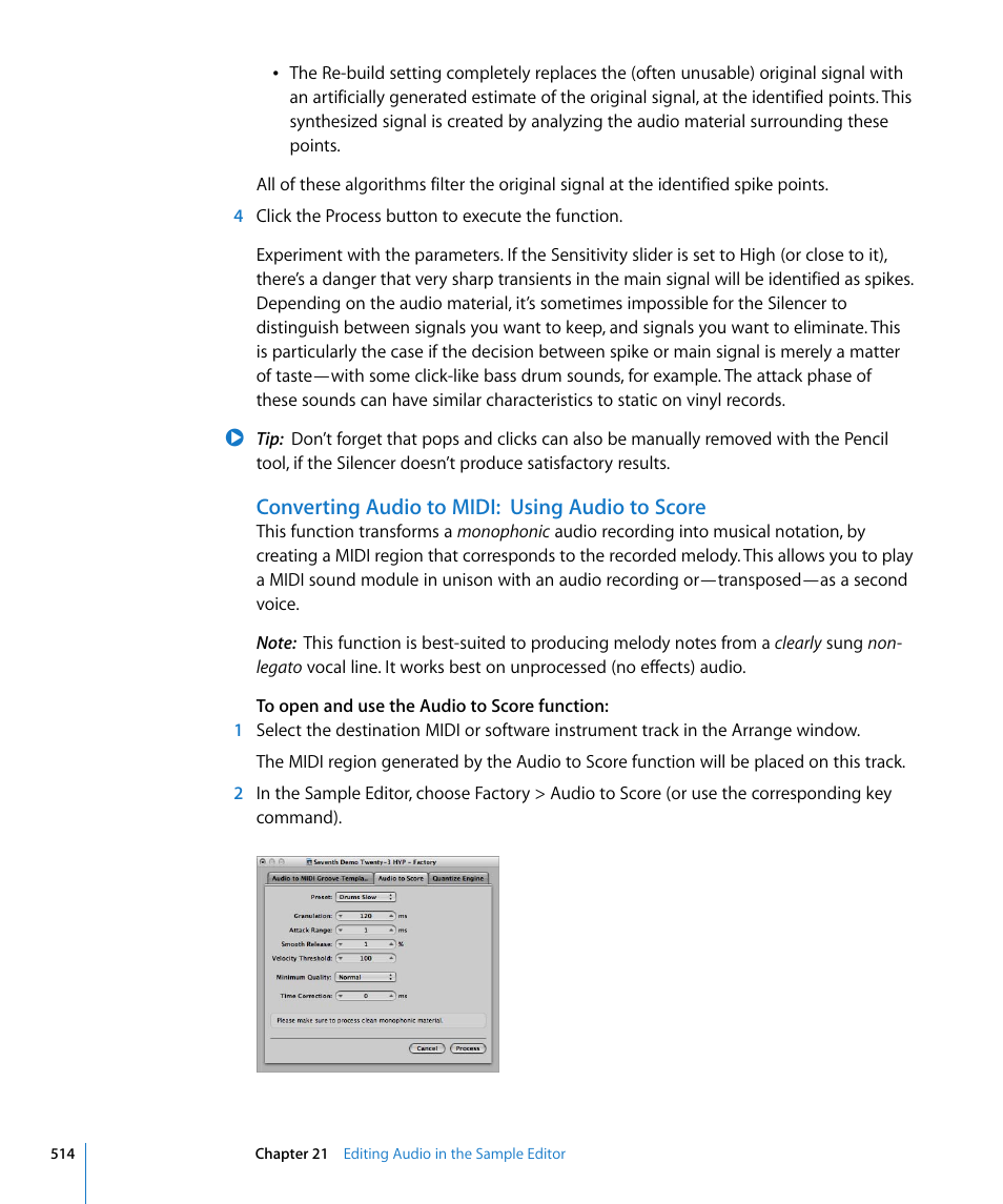 Converting audio to midi: using audio to score | Apple Logic Pro 8 User Manual | Page 514 / 1030