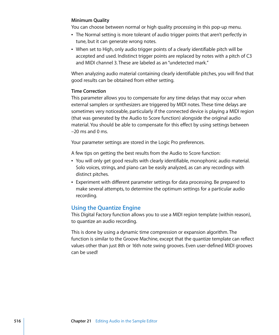 Using the quantize engine | Apple Logic Pro 8 User Manual | Page 516 / 1030