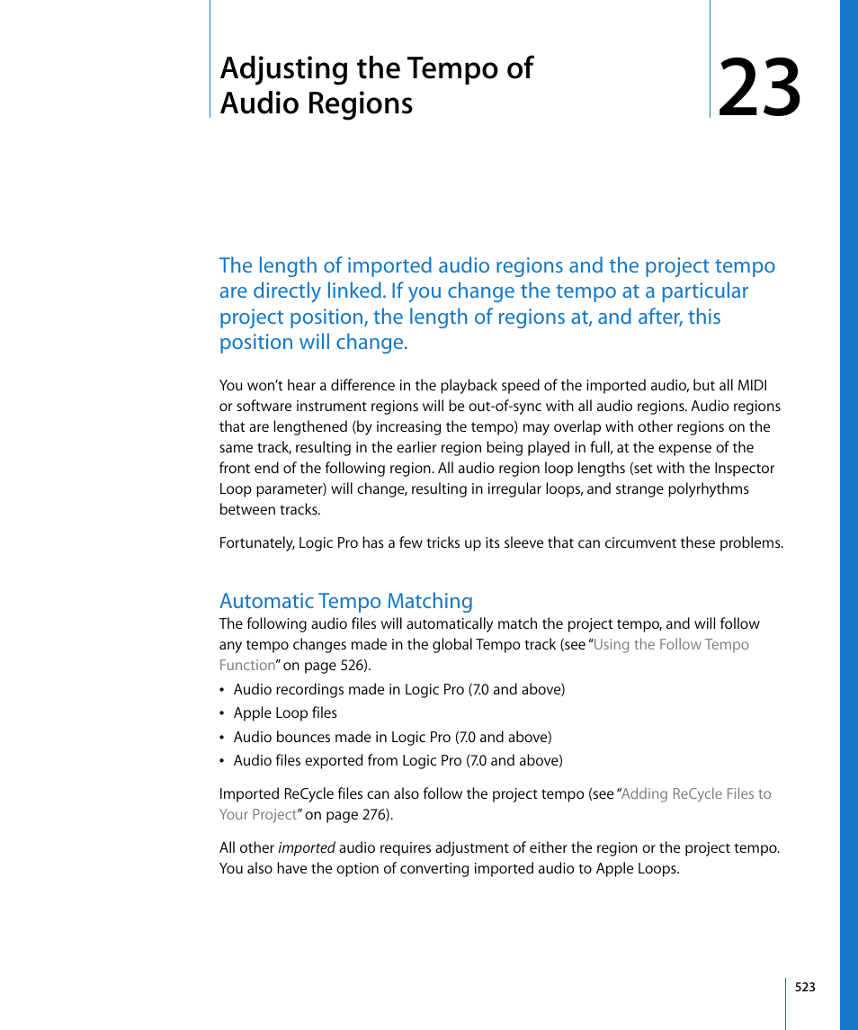 Adjusting the tempo of audio regions, Automatic tempo matching, Chapter 23 | Apple Logic Pro 8 User Manual | Page 523 / 1030