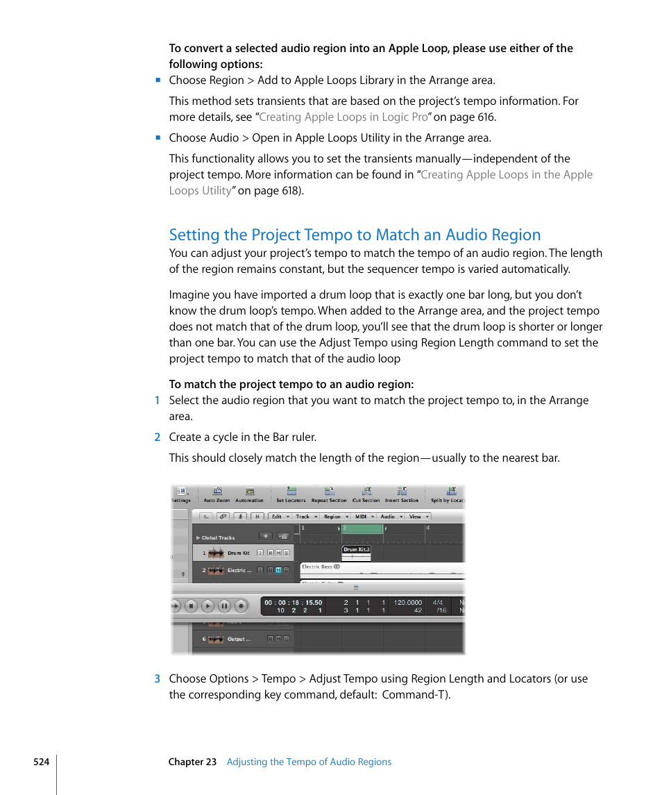 Setting the project tempo to match an audio region, Tion (see, Setting the project tempo to | Match an audio region | Apple Logic Pro 8 User Manual | Page 524 / 1030