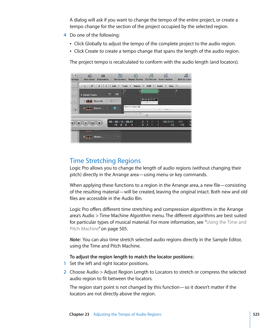 Time stretching regions, Omised (see, Time stretching | Regions | Apple Logic Pro 8 User Manual | Page 525 / 1030