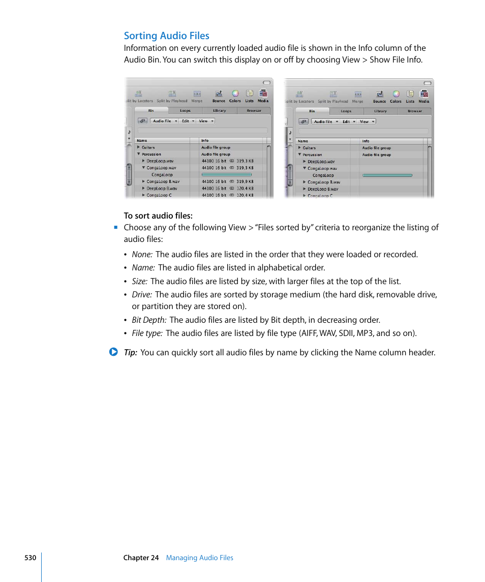 Sorting audio files | Apple Logic Pro 8 User Manual | Page 530 / 1030