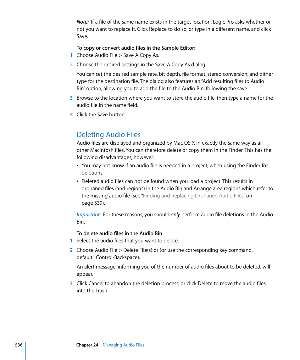 Deleting audio files | Apple Logic Pro 8 User Manual | Page 536 / 1030