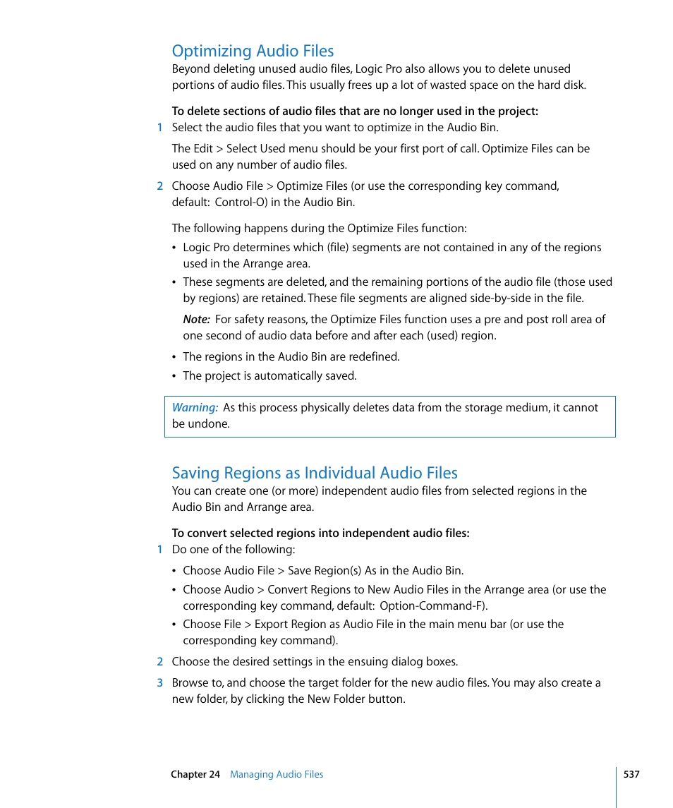 Optimizing audio files, Saving regions as individual audio files | Apple Logic Pro 8 User Manual | Page 537 / 1030