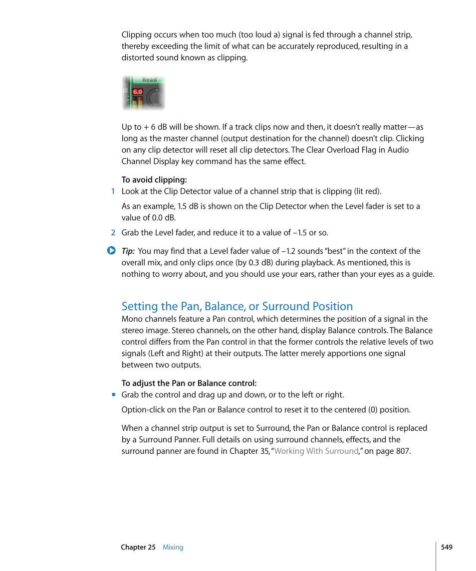 Setting the pan, balance, or surround position | Apple Logic Pro 8 User Manual | Page 549 / 1030