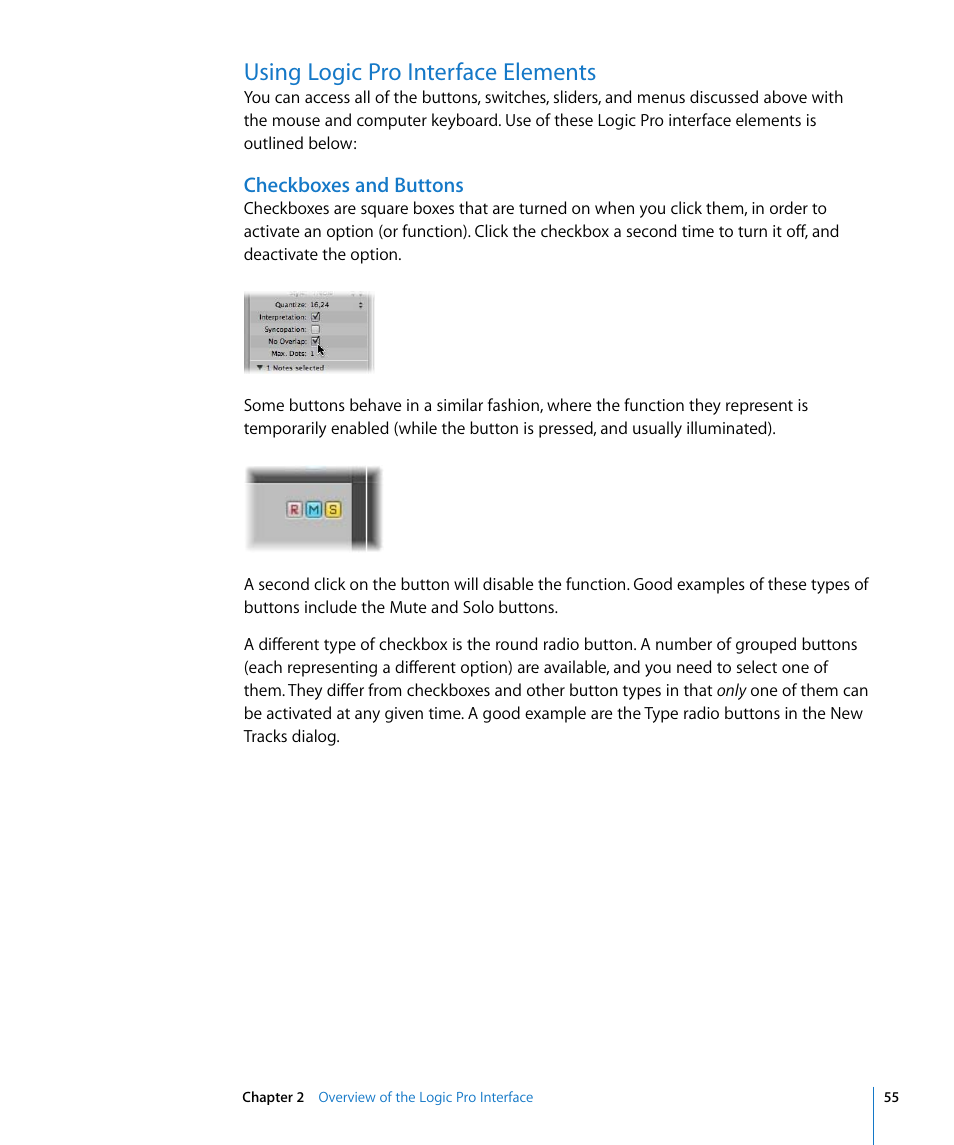 Using logic pro interface elements, Checkboxes and buttons | Apple Logic Pro 8 User Manual | Page 55 / 1030