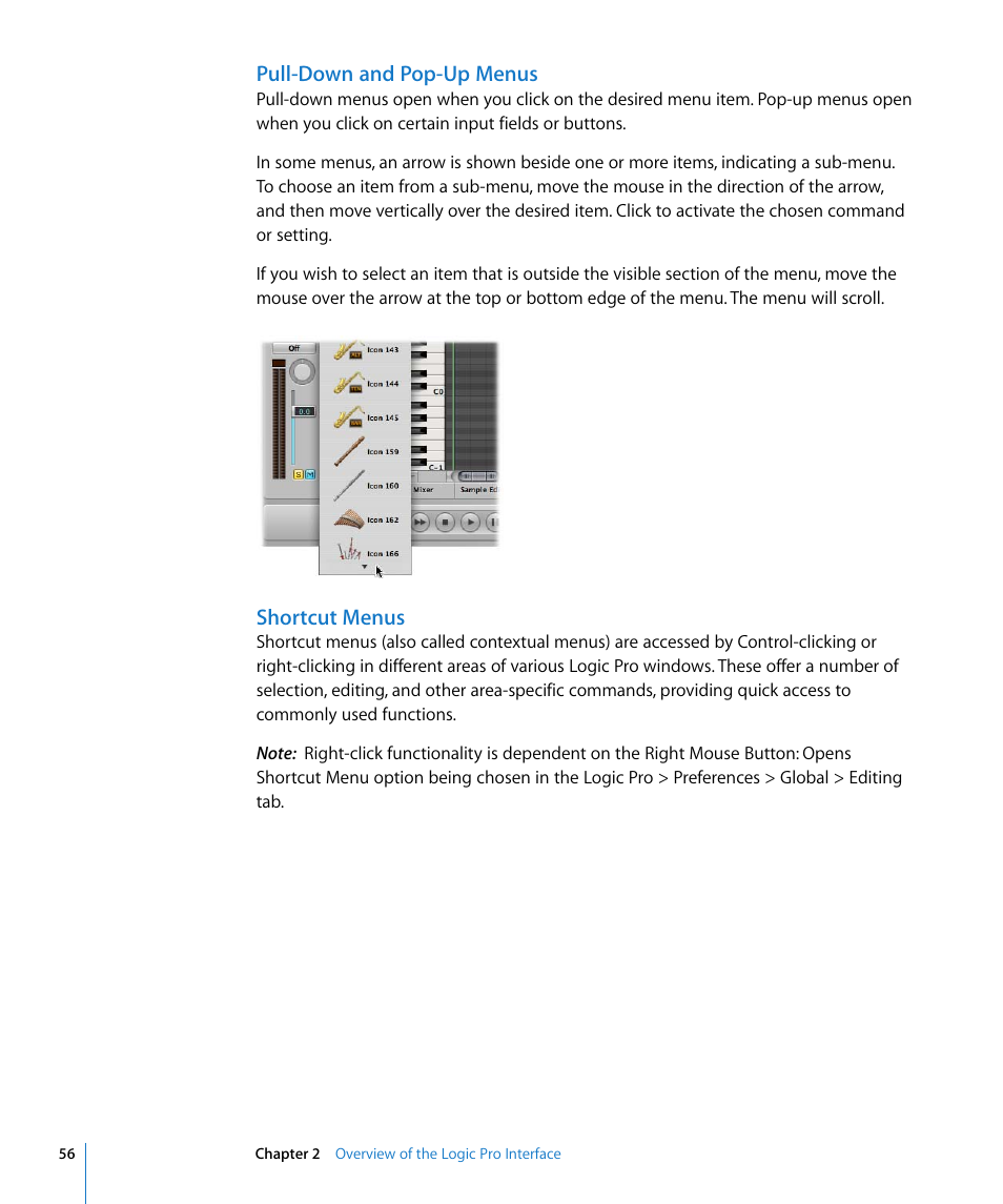 Pull-down and pop-up menus, Shortcut menus | Apple Logic Pro 8 User Manual | Page 56 / 1030