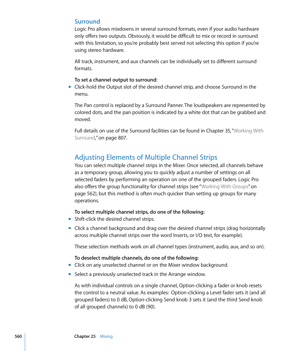 Surround, Adjusting elements of multiple channel strips | Apple Logic Pro 8 User Manual | Page 560 / 1030