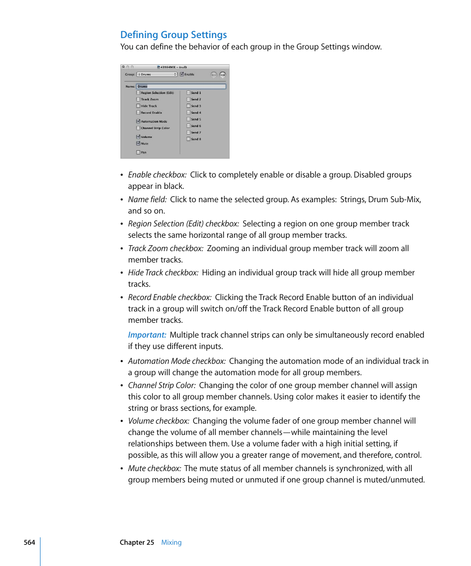 Defining group settings, Defining, Group settings | Apple Logic Pro 8 User Manual | Page 564 / 1030