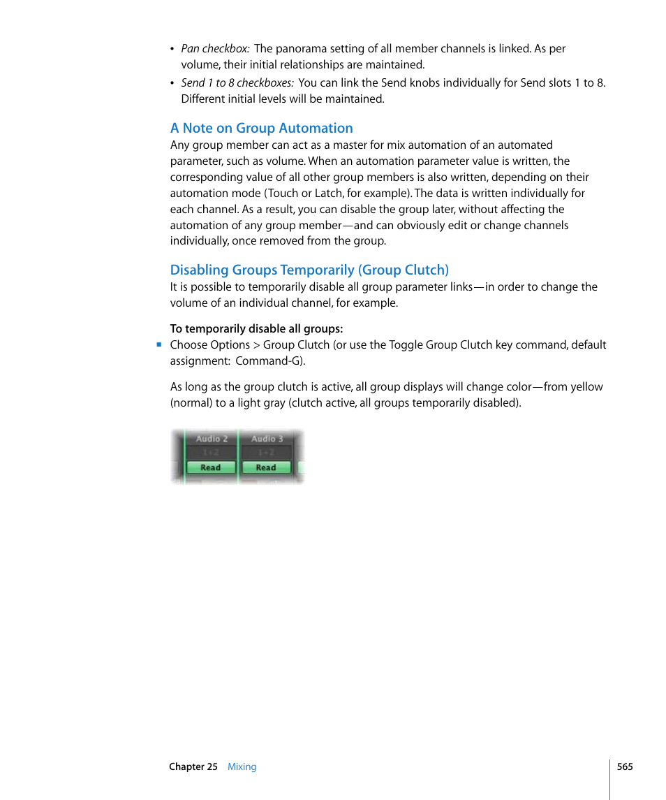 A note on group automation, Disabling groups temporarily (group clutch) | Apple Logic Pro 8 User Manual | Page 565 / 1030