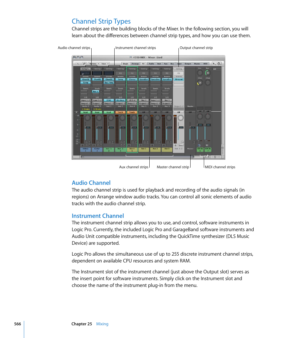 Channel strip types, Audio channel, Instrument channel | Ound in | Apple Logic Pro 8 User Manual | Page 566 / 1030