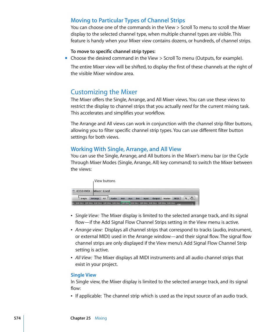 Moving to particular types of channel strips, Customizing the mixer, Working with single, arrange, and all view | Apple Logic Pro 8 User Manual | Page 574 / 1030