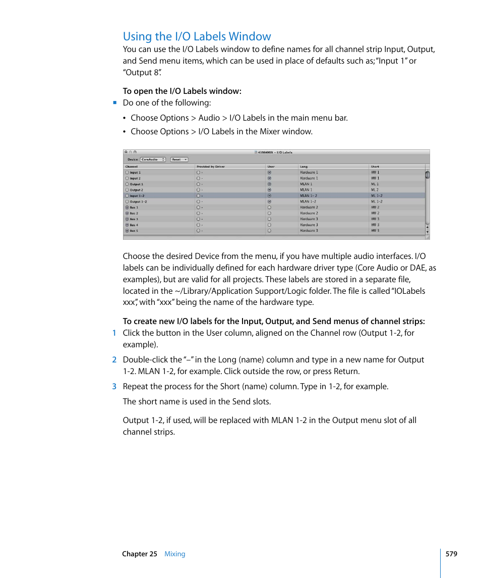 Using the i/o labels window | Apple Logic Pro 8 User Manual | Page 579 / 1030
