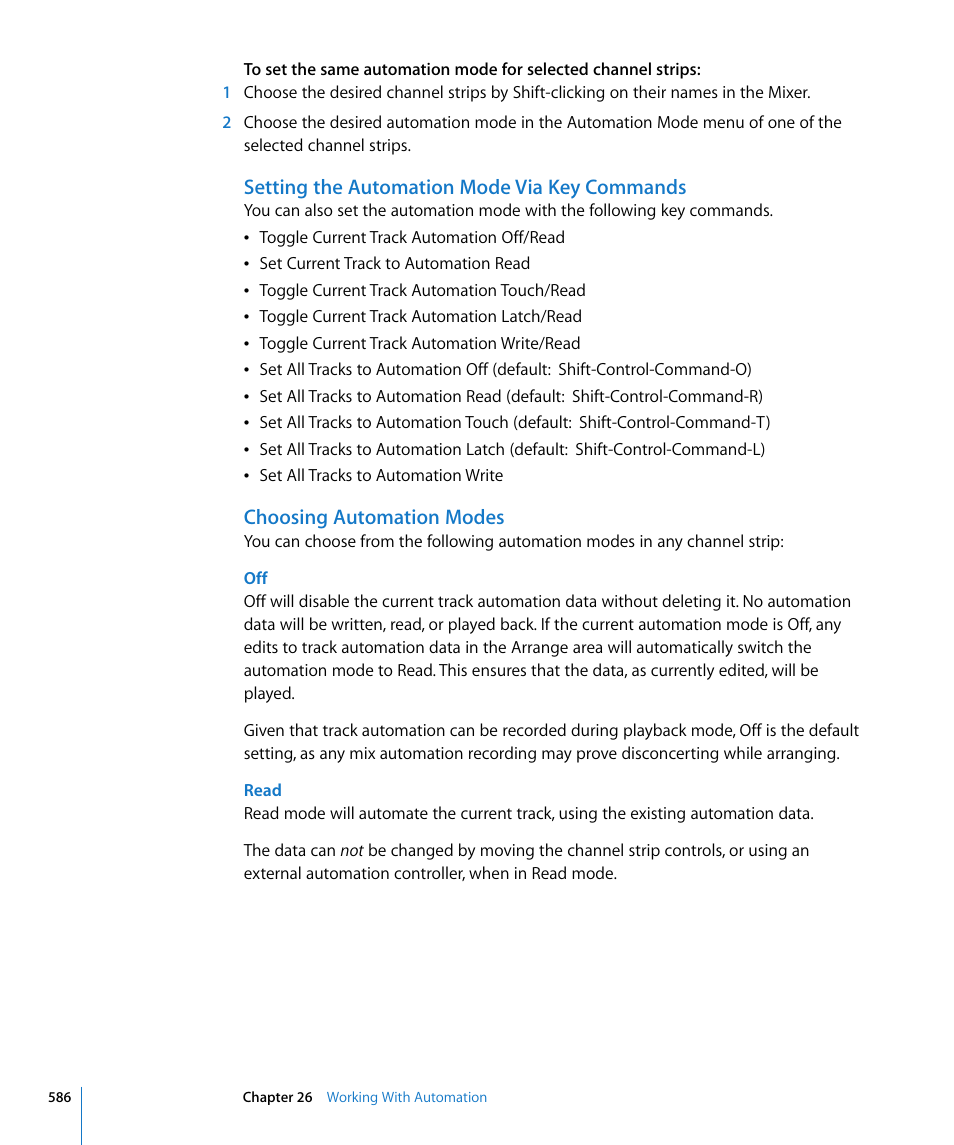 Setting the automation mode via key commands, Choosing automation modes | Apple Logic Pro 8 User Manual | Page 586 / 1030