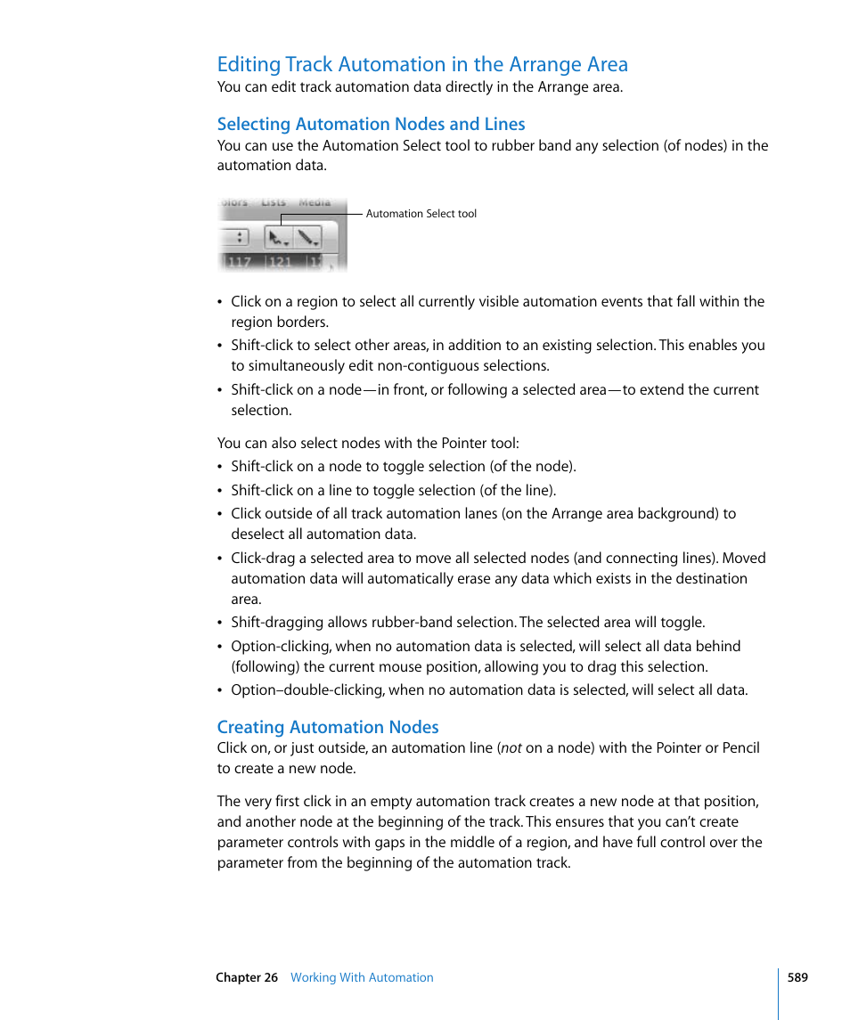 Editing track automation in the arrange area, Selecting automation nodes and lines, Creating automation nodes | Apple Logic Pro 8 User Manual | Page 589 / 1030